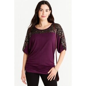 Y2K Angela Collection Womens Top Size 1XL Purple Sparkle Sheer Party Festival